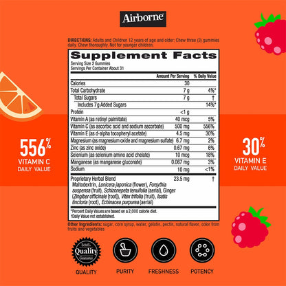 Airborne Vitamin C 500mg (per Serving) - Assorted Fruit Flavored Kids Gummies (63 Count in a Bottle), Gluten-Free Immune Support Supplement with Vitamins C E, Selenium Nirvana Guru