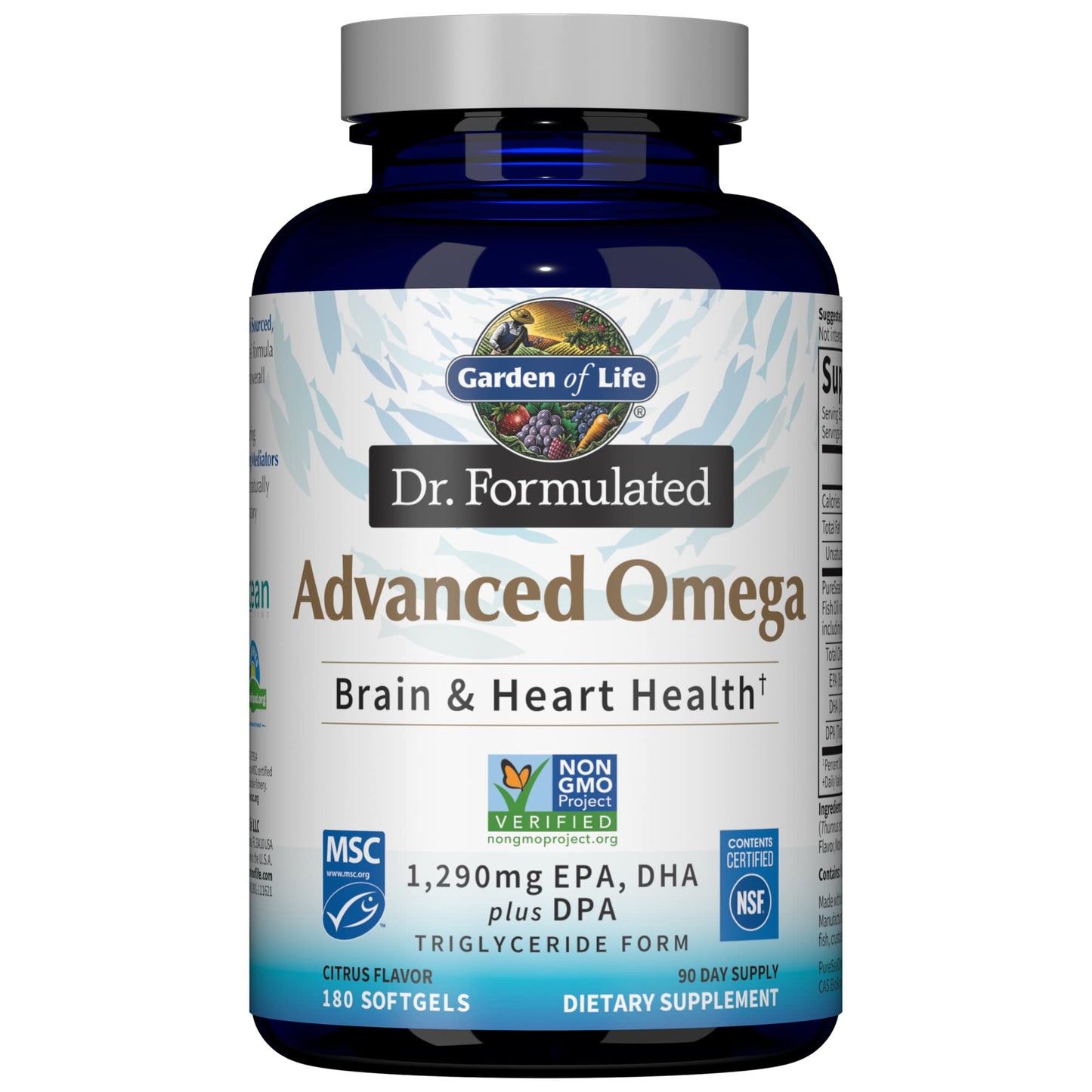 Garden of Life Dr. Formulated Advanced Omega Fish Oil - Lemon, 1,290mg EPA, DHA + DPA in Triglyceride Form, Single Source Omega 3 Supplement for Ultimate Brain & Heart Health, Non-GMO, 180 Softgels - Nirvana Guru