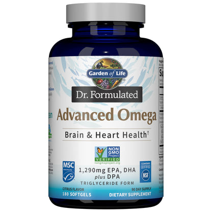 Garden of Life Dr. Formulated Advanced Omega Fish Oil - Lemon, 1,290mg EPA, DHA + DPA in Triglyceride Form, Single Source Omega 3 Supplement for Ultimate Brain & Heart Health, Non-GMO, 180 Softgels - Nirvana Guru