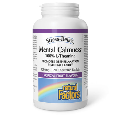 Natural Factors Stress-Relax Chewable Suntheanine L-Theanine 100 mg, Non-Drowsy Stress Support for Mental Calmness and Relaxation, Tropical Fruit Flavor, 60 Tablets - Nirvana Guru