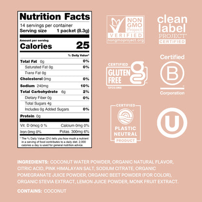 Cure Hydration | Plant-Based Electrolyte Drink Mix | No Added Sugar | FSA & HSA | Dehydration Relief Powder Made with Coconut Water | Non-GMO | Vegan | Pouch of 14 Packets - Berry Pomegranate