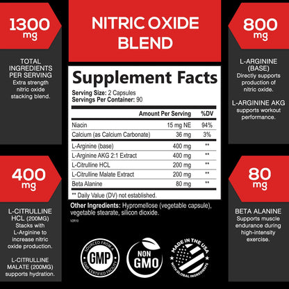 Extra Strength Nitric Oxide Supplement 3X Strength L Arginine, Citrulline Malate, AAKG, Beta Alanine - Premium Muscle Supporting Nitric Booster - Natural Energy & Heart Health Support - 180 Capsules Nirvana Guru