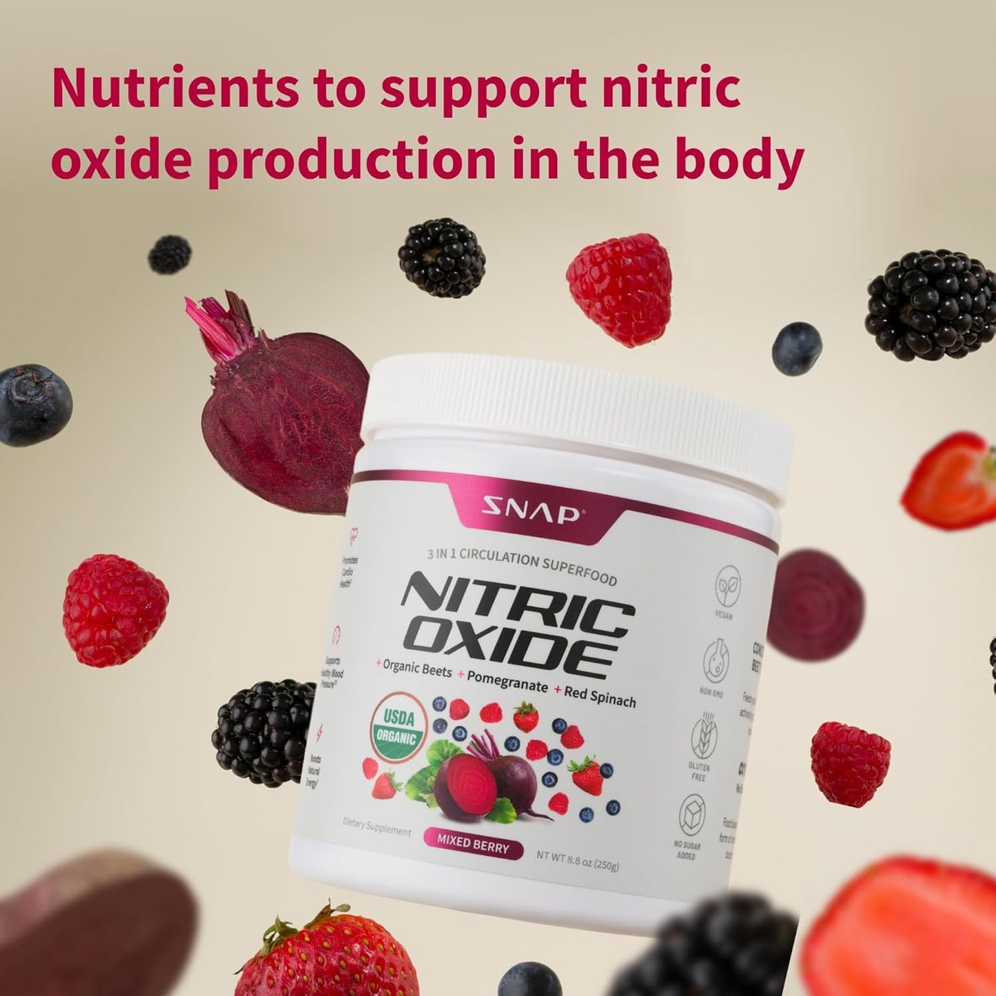 Snap Supplements Organic Beet Root Powder, Nitric Oxide Supplements for Men & Women, Beets, Pomegranate, B Vitamins & Red Spinach, Energy, Heart Health & Circulation Support, 30 Servings, Mixed Berry Nirvana Guru