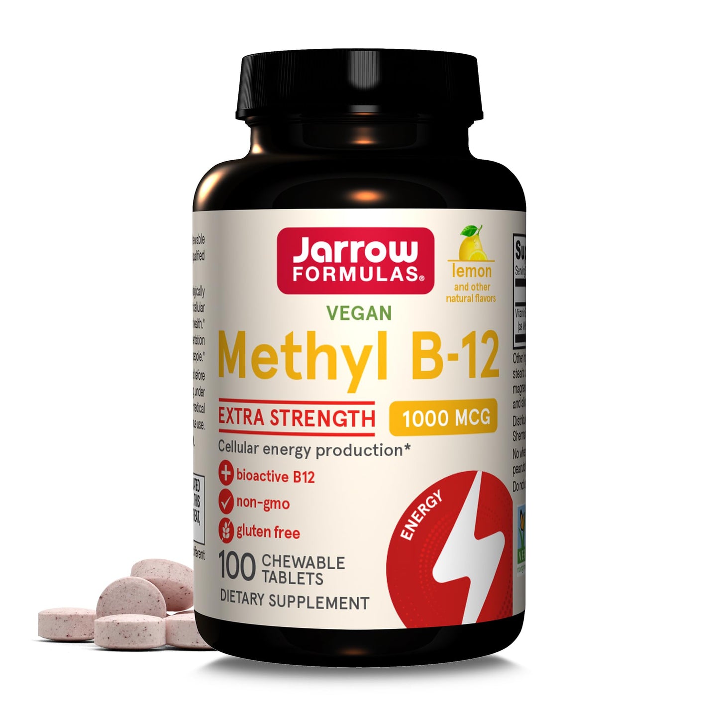 Jarrow Formulas Extra Strength Methyl B-12, Dietary Supplement for Cellular Energy Production, 100 Lemon-Flavored Chewable Tablets, Up to a 100 Day Supply - Nirvana Guru
