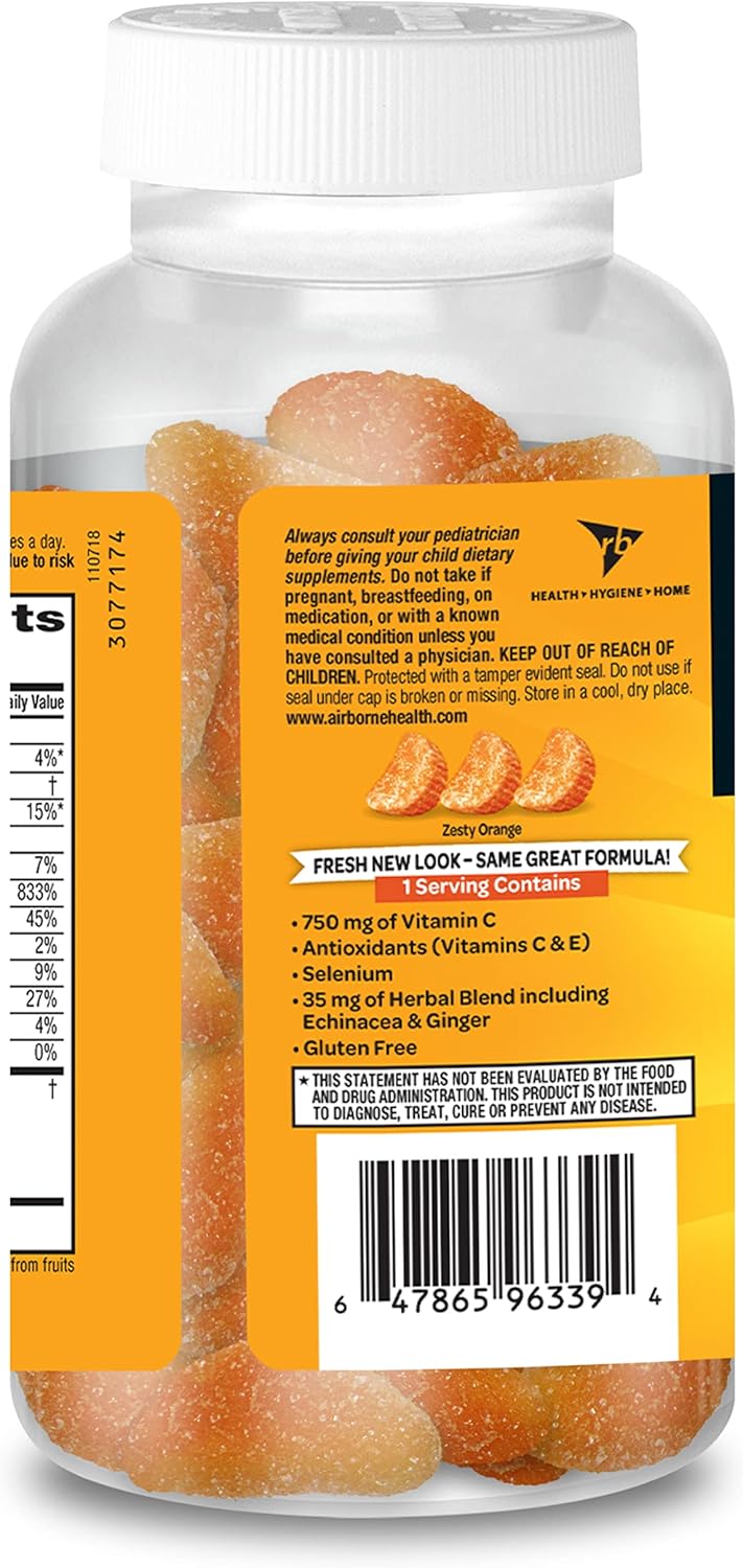 Airborne Vitamin C 750mg (per Serving) Zesty Orange Flavored Gummies (63 Count in a Bottle), Gluten-Free Immune Support Supplement with Vitamins A C E, Selenium, Echinacea & Ginger Nirvana Guru