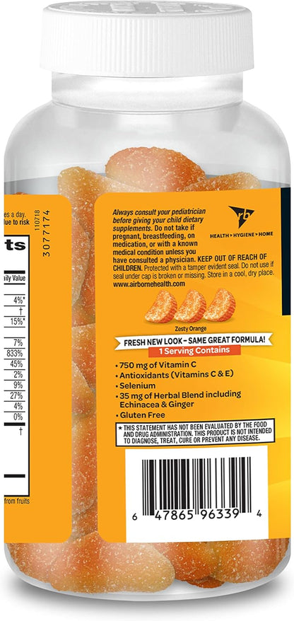 Airborne Vitamin C 750mg (per Serving) Zesty Orange Flavored Gummies (63 Count in a Bottle), Gluten-Free Immune Support Supplement with Vitamins A C E, Selenium, Echinacea & Ginger Nirvana Guru
