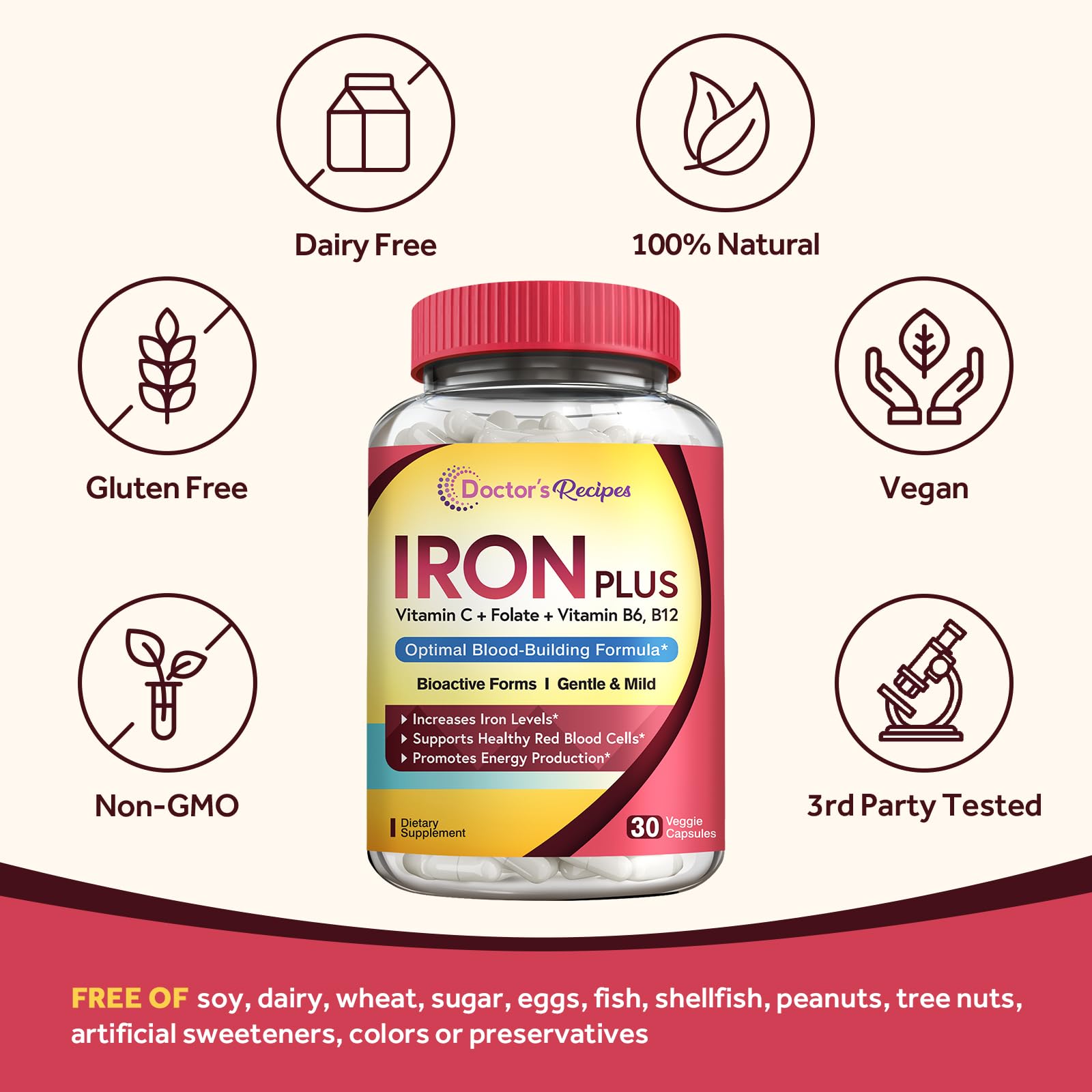 Doctor's Recipes Iron Supplement 65 mg with Vitamin C - Maximized Absorption, Stomach Friendly & High Potency Iron Pills for Red Blood Cells Formation & Immunity Health - Vegan Non-GMO 60 Iron Tablets Nirvana Guru