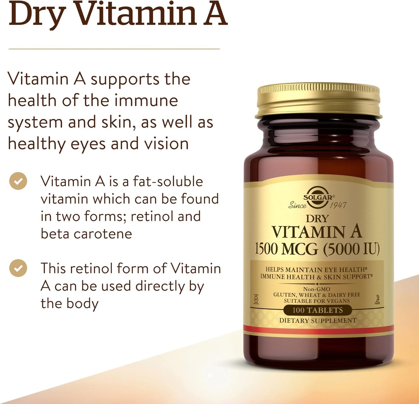 Solgar Dry Vitamin A 1500 mcg (5000 IU), 100 Tablets - Supports Healthy Eyes, Skin & Immune System - Non-GMO, Vegan, Gluten Free, Dairy Free, Kosher - 100 Servings Nirvana Guru