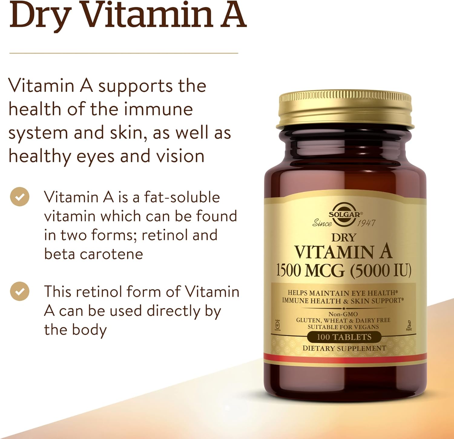 Solgar Dry Vitamin A 1500 mcg (5000 IU), 100 Tablets - Supports Healthy Eyes, Skin & Immune System - Non-GMO, Vegan, Gluten Free, Dairy Free, Kosher - 100 Servings Nirvana Guru