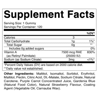 Vitamatic Sugar Free Vitamin A 25000 IU Gummies (Retinyl Palmitate) - Natural Strawberry Flavor - 120 Pectin Based Gummies (1 Bottle) Nirvana Guru