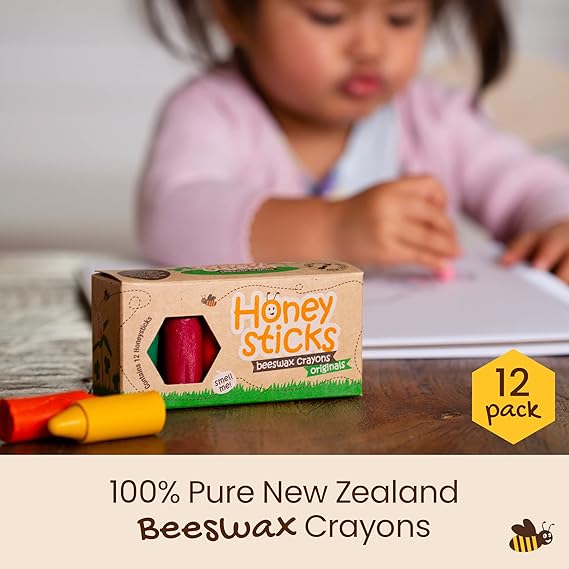 Honeysticks 100% Pure Beeswax Crayons (12 Pack) - Non Toxic Crayons, Safe for Babies and Toddlers, for 1 Year Plus, Handmade in New Zealand with Natural Beeswax, Food-Grade Colors, Eco-Friendly nirvanaguru