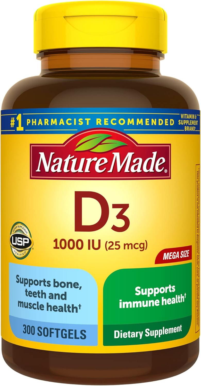 Nature Made Vitamin D3 1000 IU (25 mcg), Dietary Supplement for Bone, Teeth, Muscle and Immune Health Support, 300 Softgels, 300 Day Supply - Nirvana Guru