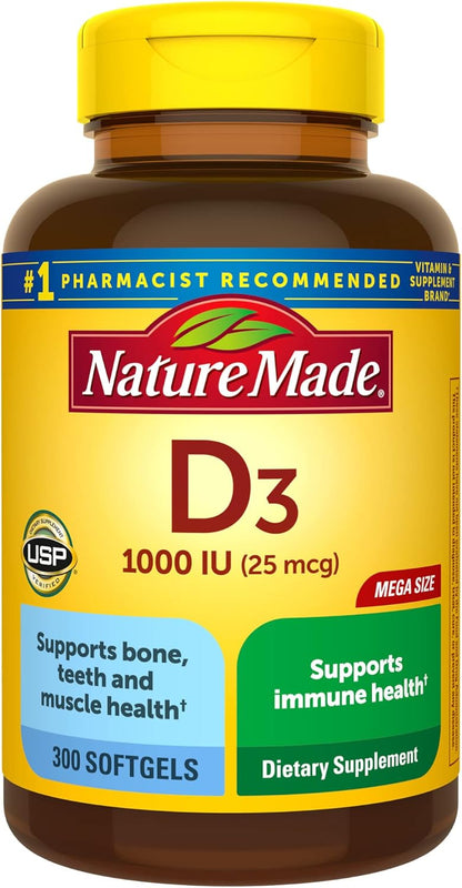 Nature Made Vitamin D3 1000 IU (25 mcg), Dietary Supplement for Bone, Teeth, Muscle and Immune Health Support, 300 Softgels, 300 Day Supply - Nirvana Guru