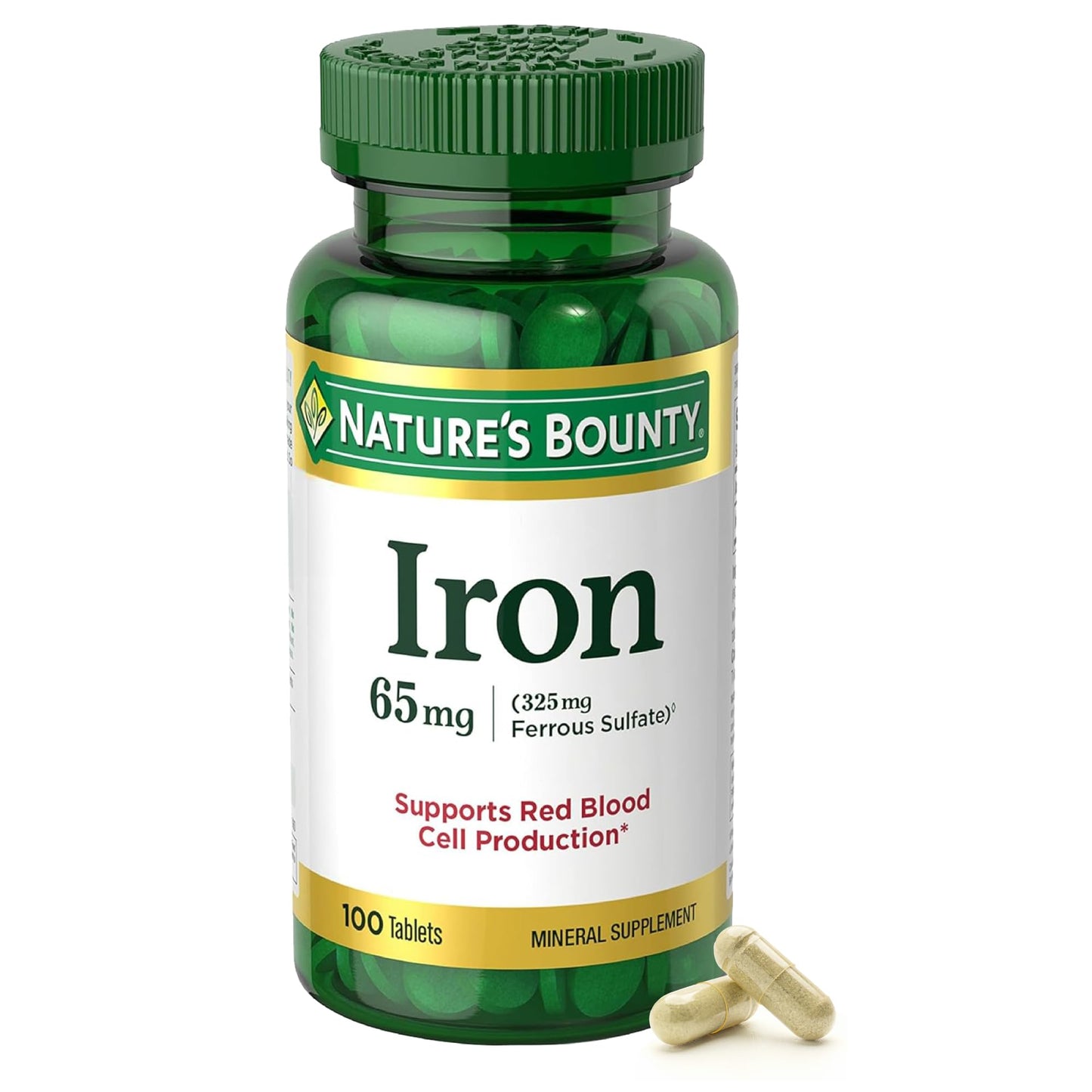 Nature's Bounty Iron 65mg, 325 mg Ferrous Sulfate, Cellular Energy Support, Promotes Normal Red Blood Cell Production, 100 Tablets Nirvana Guru