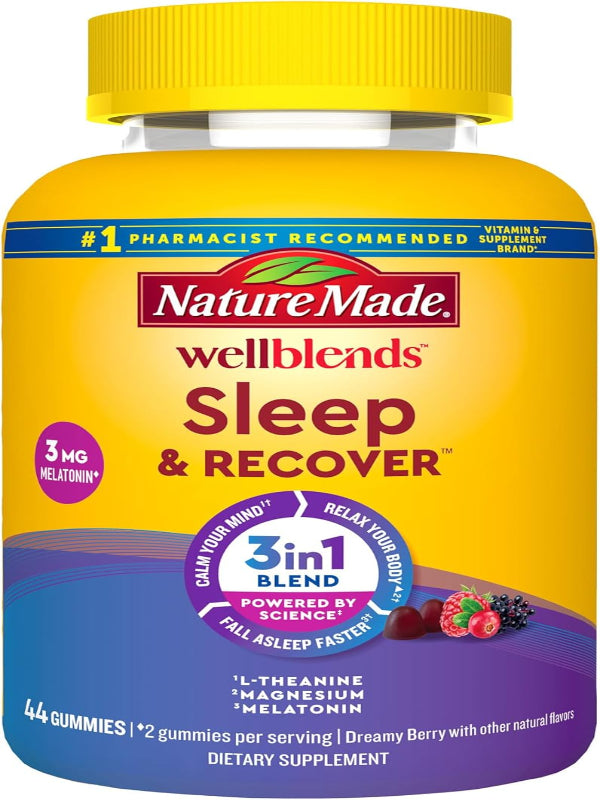 Nature Made Wellblends Sleep and Recover, Sleep Aid with Melatonin 3mg to Support Restful Sleep, plus L theanine 200mg and Magnesium Citrate, 44 Gummies - Nirvana Guru