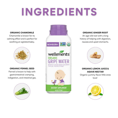 Wellements Organic Gripe Water | Relieves Occasional Stomach Discomfort from Baby Gas, Colic, Hiccups and Fussiness | Certified Organic and Non-GMO | No Artificial Flavors | 4 Fl Oz. | Ages Newborn+ Nirvana Guru