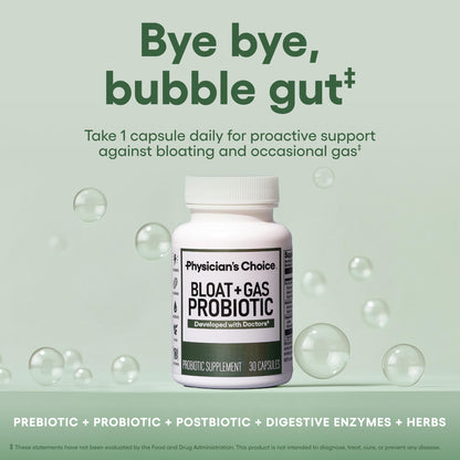 Physician's CHOICE Bloat & Gas Probiotic 5-in-1 Proactive Support + Daily Relief - Digestion & Gut Health- Herbals, Digestive Enzymes, Post & Prebiotics - Gas Relief for Adults - Women & Men - 30ct Nirvana Guru