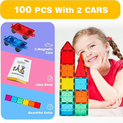 Gemmicc Magnetic Tiles 100 PCS with 2 Cars, STEM Approved Educational Magnet BuildingToys, Magnet Puzzles Stacking Blocks for Boys Girls Nirvana Guru