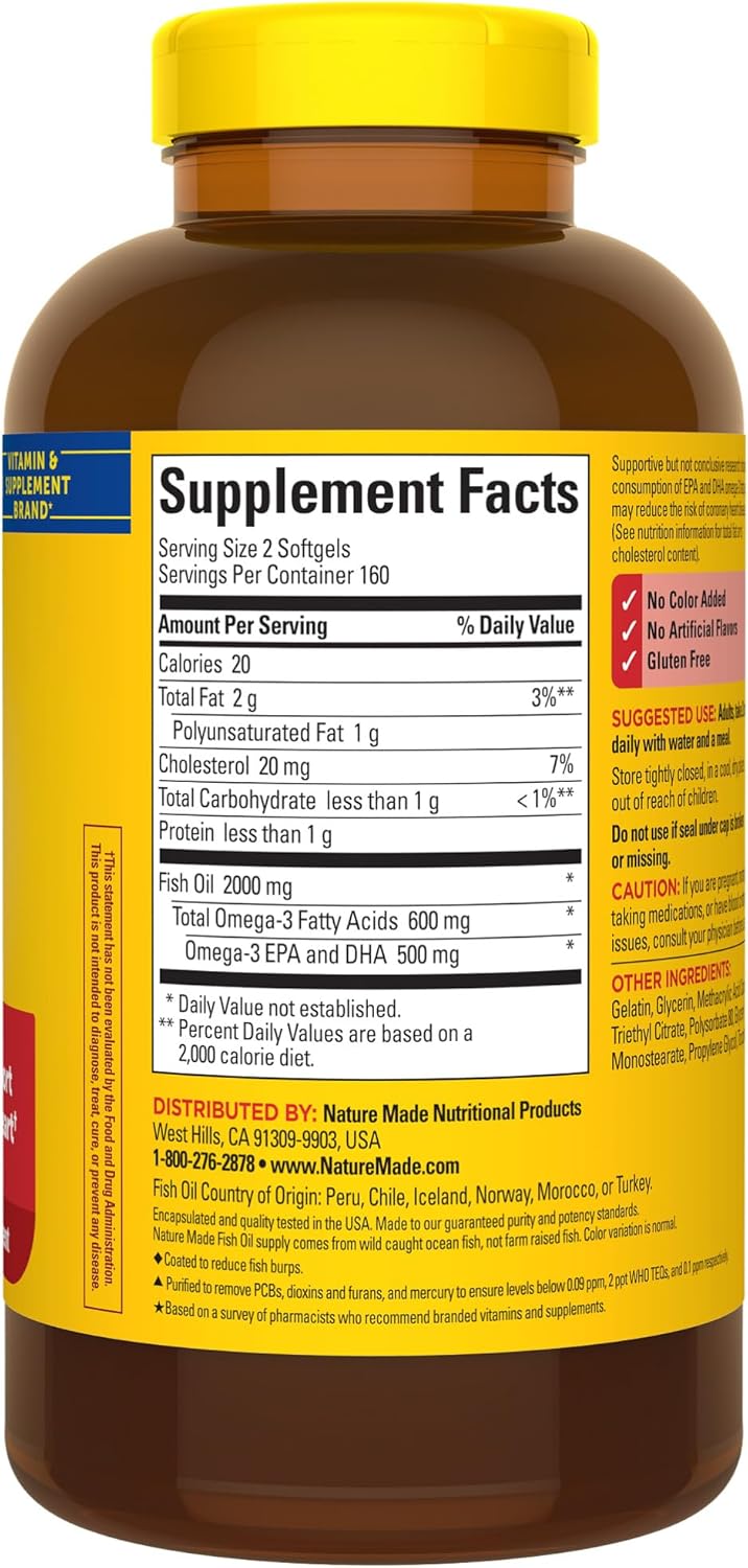 Nature Made Burp Less Fish Oil Omega 3 Supplements, 1000mg Softgels, Omega 3 Fish Oil Supplements for Healthy Heart Support, 320 Softgels, 160 Day Supply - Nirvana Guru