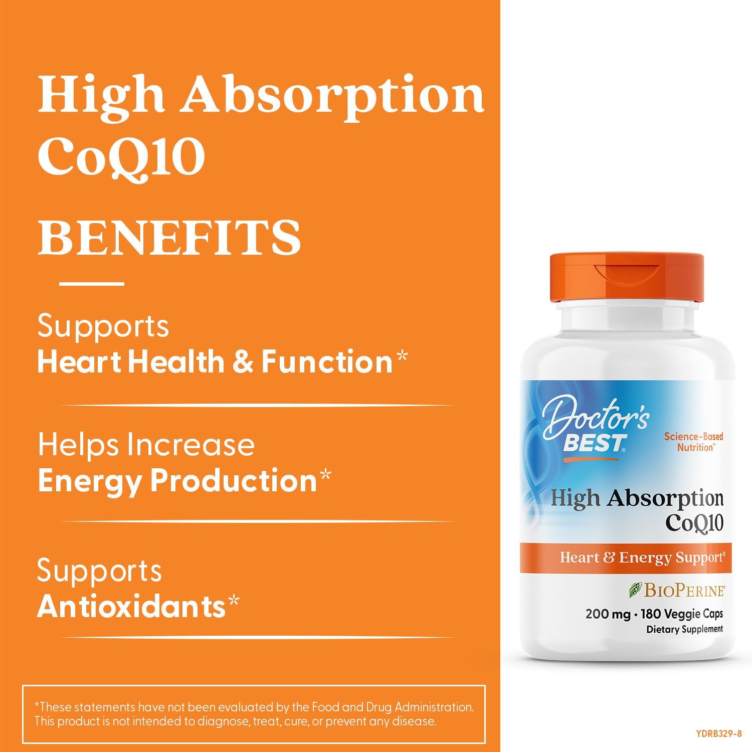 Doctor's Best High Absorption CoQ10, Heart & Energy Support, USP Verified, Naturally Fermented CoQ10, Non-GMO Gluten Free, Soy Free, Vegan 180 Veggie Caps - Nirvana Guru