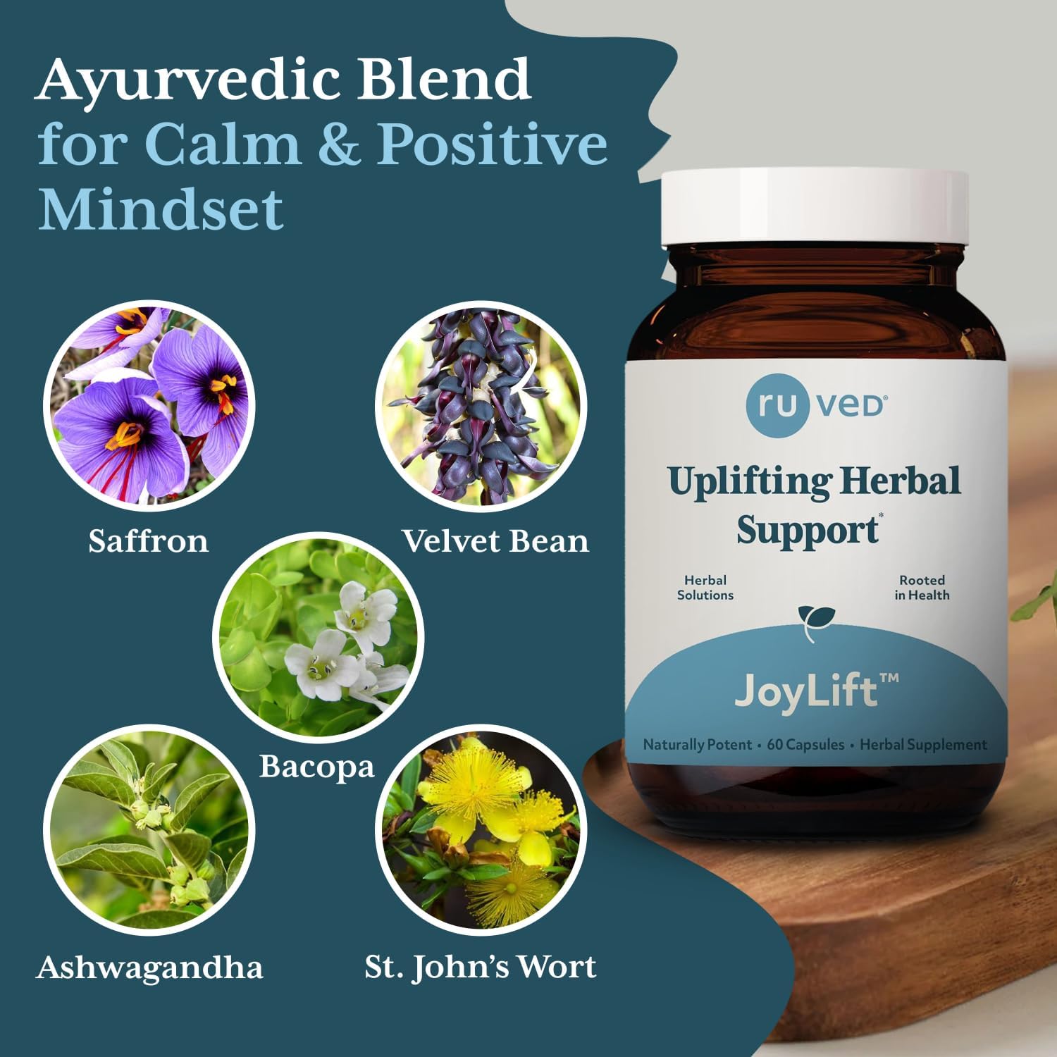 ruved Joylift, Uplifting Herbal Formula with Saffron, Berberine and St. John’s Wort, Promotes Calm and Positive Outlook, Ayurvedic Herbal Supplement, 60 Vegetarian Capsules. Nirvana Guru