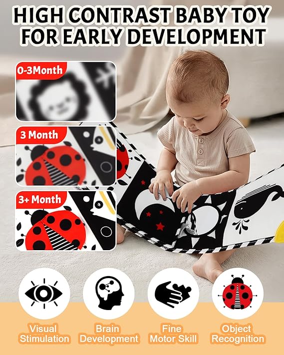 Tummy Time Toys, High Contrast Baby Book with Mirror & Teether, Black and White Infant Books, 0-6-12 Months Soft Book for Newborn, Sensory Books, Tummy Time Car Seat Toys 0-6 Month Boy Girl Gift nirvanaguru