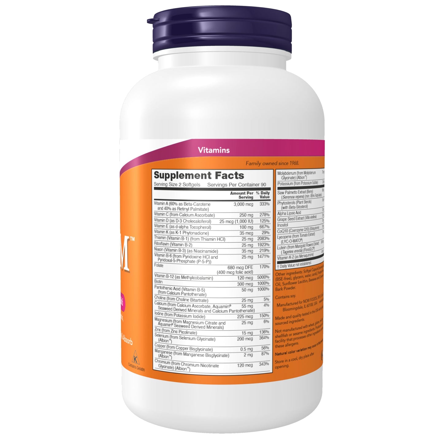 NOW Supplements, ADAM™ Men's Multivitamin with Saw Palmetto, Plant Sterols, Lycopene & CoQ10, 90 Softgels - Nirvana Guru