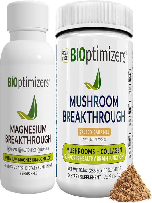 BiOptimizers Magnesium Breakthrough 4.0, (60 Capsules) & Mushroom Breakthrough Powder (Salted Caramel, 15 Servings) - Natural Sleep and Brain Superfood & Supplement Bundle Nirvana Guru