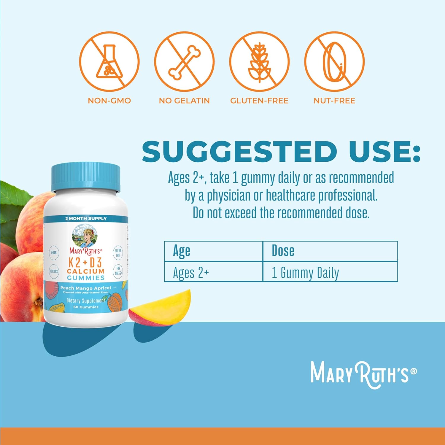 MaryRuth Organics Calcium with Vitamin D & Vitamin K2, 2 Month Supply, Calcium Supplement Supports Bone Health & Joint Support, with Vitamins D3 K2 Gummies, Vegan, Non-GMO, Gluten Free, 60 Count - Nirvana Guru