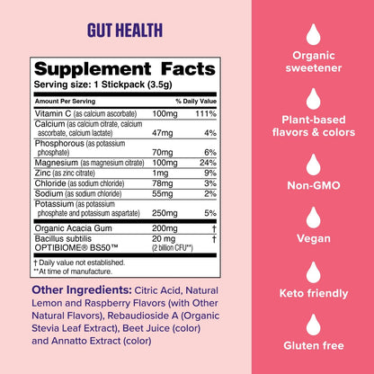 Ultima Replenisher Gut Health Supplement and Electrolytes Powder - Raspberry Lemonade, 14 Stickpacks - Hydration Packets with Added Gut Health Benefits - Nirvana Guru