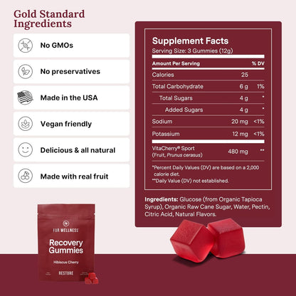 Recovery Gummies Restore - Tart Cherry Gummies for Muscle Recovery - Hibiscus Cherry Flavor with Antioxidants & Electrolytes Combats Soreness, Boosts Energy - Vegan, Non-GMO, Gluten-Free Nirvana Guru