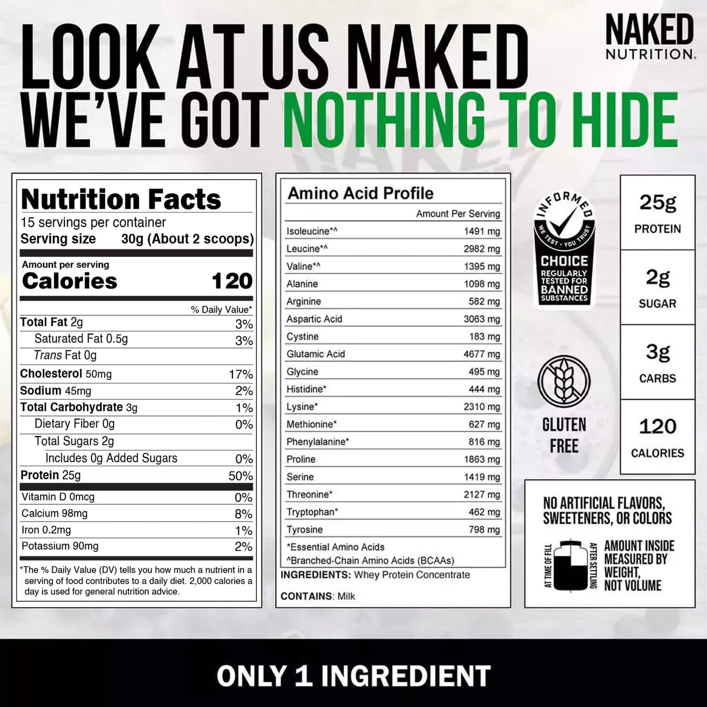 NAKED Whey Vanilla Protein Powder - Only 3 Ingredients - Grass Fed Whey Protein Powder, Vanilla Flavor, and Organic Coconut Sugar, No GMO, No Soy, and Gluten Free - 24 Servings