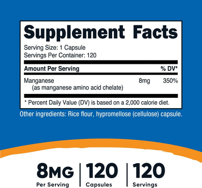 Nutricost Chelated Manganese Supplement 8mg, Amino Acid Chelate, 120 Capsules, 120 Servings - Gluten Free, Non-GMO and Vegetarian Friendly - Nirvana Guru