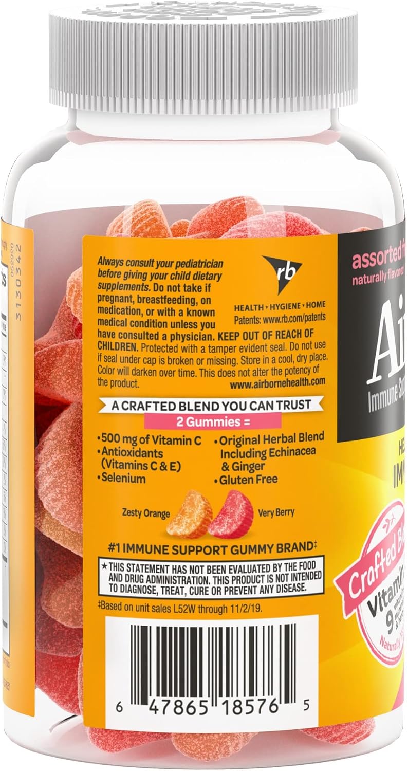 Airborne Vitamin C 500mg (per Serving) Kids Assorted Fruit Flavored Gummies (42 Count in a Bottle), Gluten-Free Immune Support Supplement with Vitamins A C E, Selenium, Echinacea & Ginger Nirvana Guru