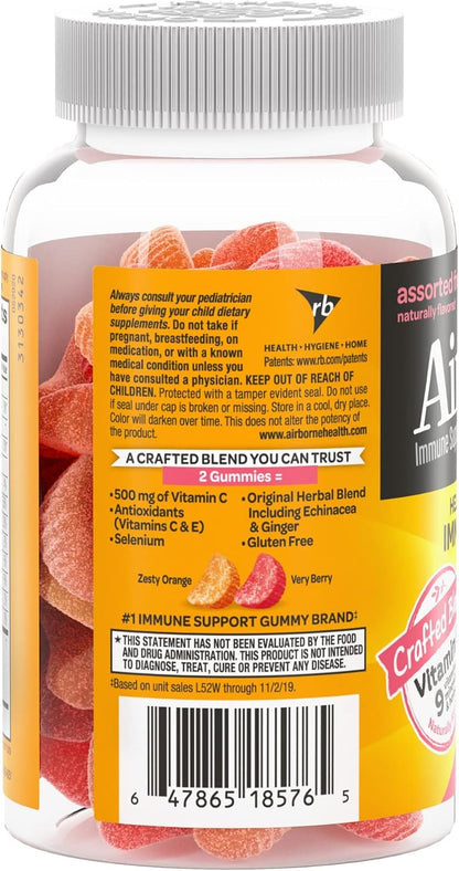 Airborne Vitamin C 500mg (per Serving) Kids Assorted Fruit Flavored Gummies (42 Count in a Bottle), Gluten-Free Immune Support Supplement with Vitamins A C E, Selenium, Echinacea & Ginger Nirvana Guru