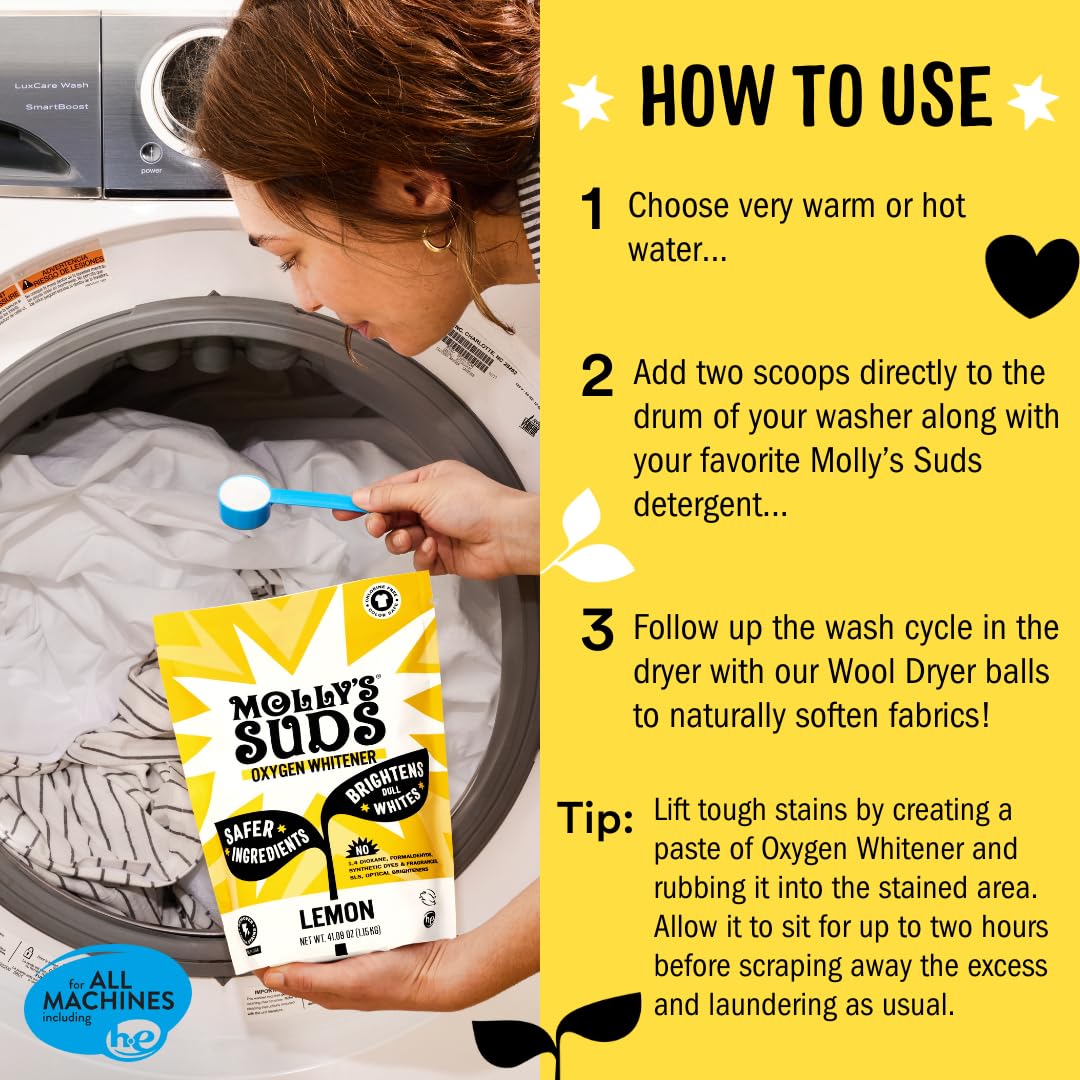 Molly's Suds Oxygen Whitener | Powerful Bleach Alternative, Chlorine Free & Color Safe | Brightens Whites and Removes Stains (Lemon Essential Oil - 41.09 oz) Nirvana Guru