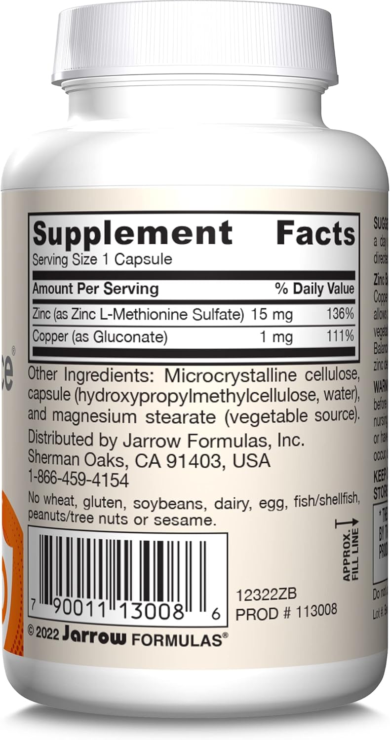 Jarrow Formulas Zinc Balance 15 mg - 100 Servings (Veggie Caps) - Includes Copper - Essential Mineral for Immune System Support - Immune Support Supplement - Gluten Free Zinc Copper Supplement - Vegan - Nirvana Guru