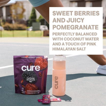 Cure Hydration | Plant-Based Electrolyte Drink Mix | No Added Sugar | FSA & HSA | Dehydration Relief Powder Made with Coconut Water | Non-GMO | Vegan | Pouch of 14 Packets - Berry Pomegranate