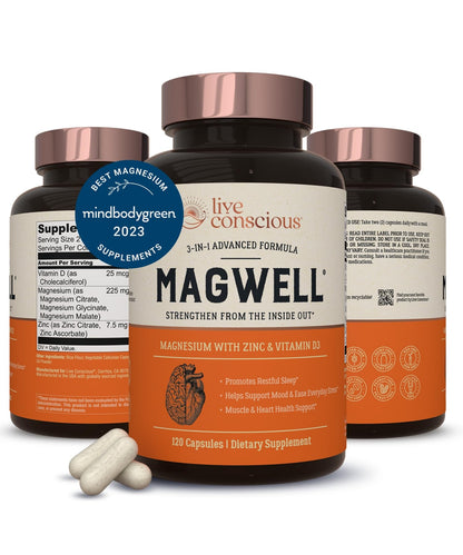 Live Conscious Magwell Magnesium Zinc & Vitamin D3 - Magnesium Glycinate, Malate, & Citrate - Triple Supplement for Women & Men - for Sleep, Bone, Heart, Immune Support - 120 Caps Nirvana Guru