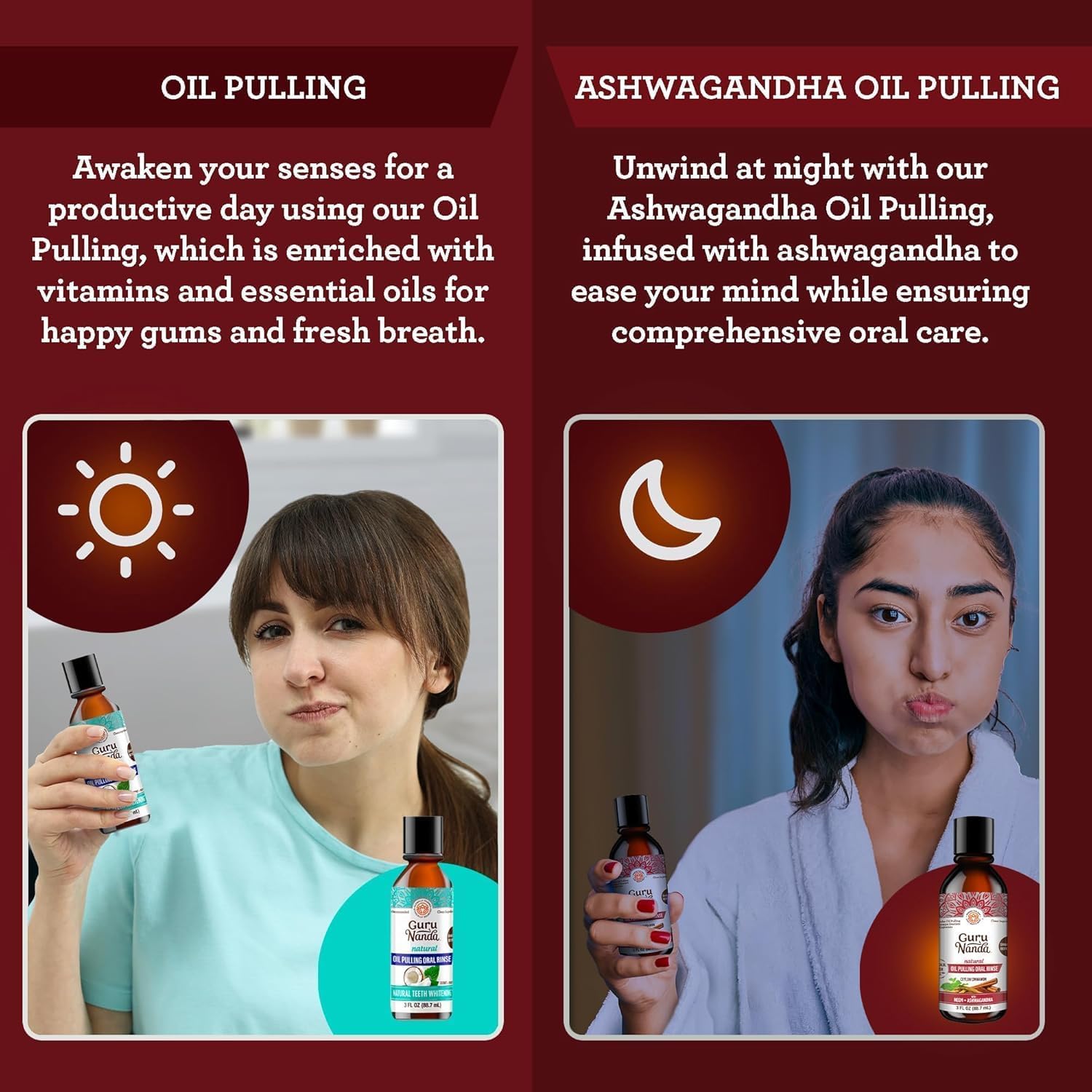 GuruNanda Travel Size CocoMint Oil Pulling Mouthwash, 7 Essential Oils & Vitamins, Promotes Fresh Breath & Happy Gums, No Alcohol & Fluoride, 3 oz Nirvana Guru
