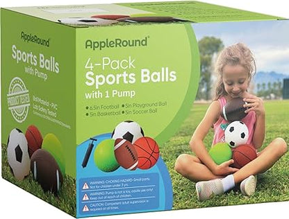 AppleRound 4-Pack Sports Balls for Toddlers & Kids with Pump – 5-Inch Soccer Ball, Basketball, Playground Ball & 6.5-Inch Football – Soft Small Balls for Indoor/Outdoor Play (Ages 2-7) nirvanaguru