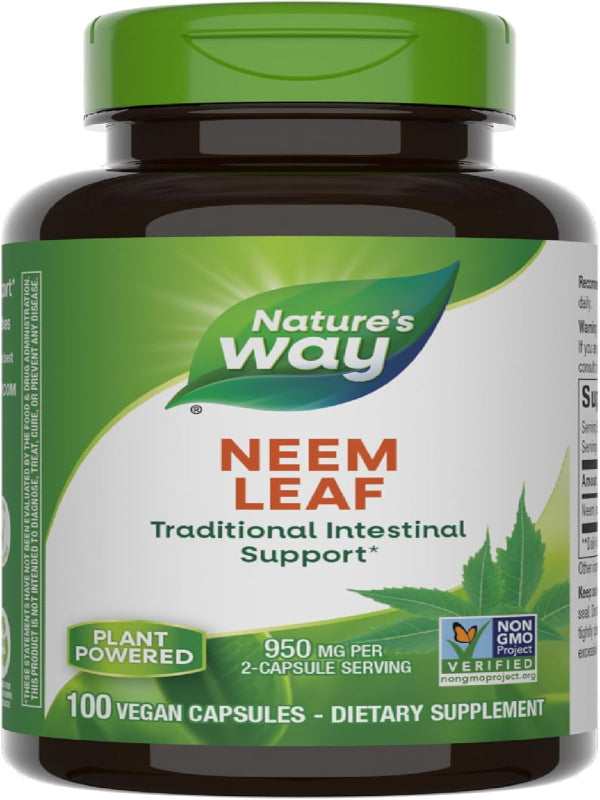 Nature's Way Herbal Neem Leaf, Traditional Intestinal Support*, Used in Ayurveda, 950 mg per 2-Capsule Serving, Non-GMO Project Verified, Vegan, 100 Capsules (Packaging May Vary) Nirvana Guru