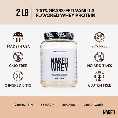 NAKED Whey Vanilla Protein Powder - Only 3 Ingredients - Grass Fed Whey Protein Powder, Vanilla Flavor, and Organic Coconut Sugar, No GMO, No Soy, and Gluten Free - 24 Servings