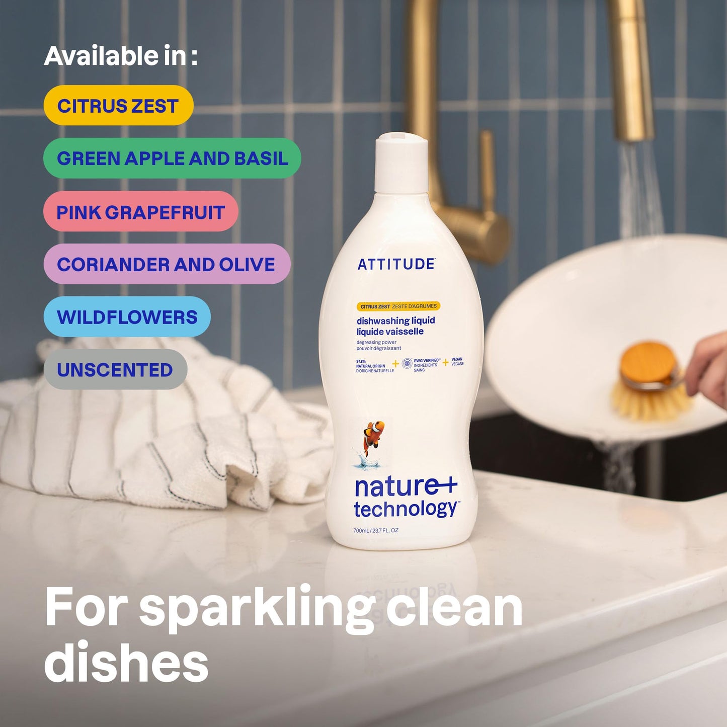 ATTITUDE Dish Soap, EWG Verified, Plant-Based & Vegan Dishwashing Liquid, Naturally Derived, Unscented, 23.7 Fl Oz Nirvana Guru