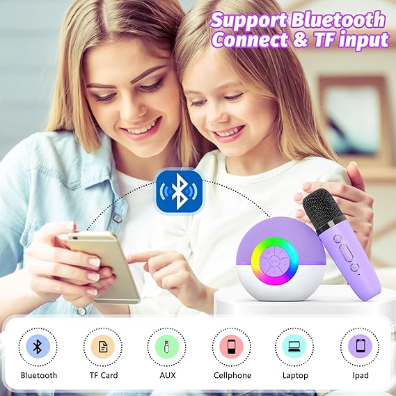 goopow Mini Karaoke Machine Speaker for Kids Adults, Portable Bluetooth Microphone Song Toys with LED Light, Best Chritmas Birthday Festival Gift for 3 4 5 6 7 8+ Year Old Girls Boys (Purple-2MIC) nirvanaguru