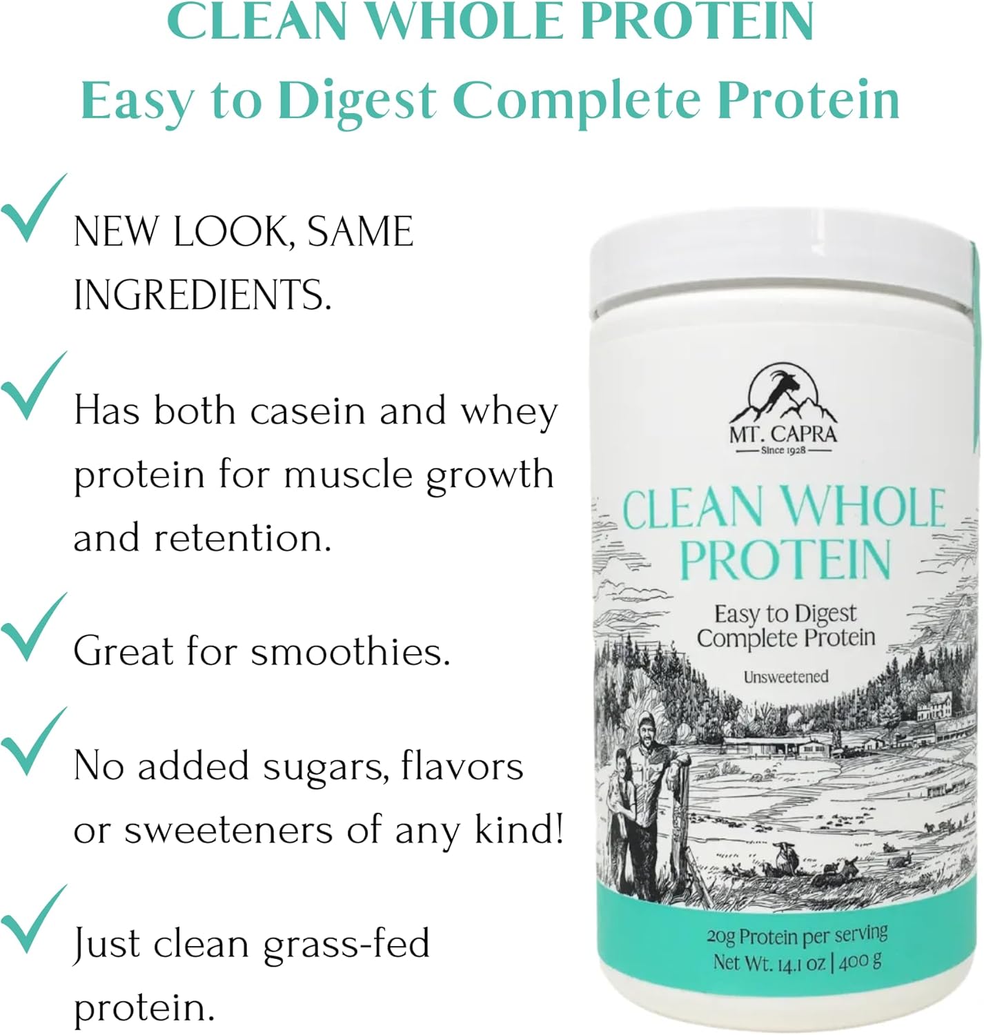 Mt. Capra Clean Whole Protein | Grass-Fed Goat Protein with Whey and Casein Protein | No Bloat, Build and Maintain Muscle, 20 g Protein per Serving, No Sweeteners | 13 Servings - 400 g - Nirvana Guru