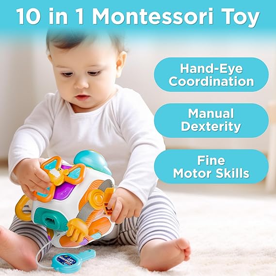 iPlay, iLearn 10 in 1 Baby Busy Board Cube, Montessori Sensory Toy Toddler 1-3, Infant Carseat Plane Travel, Kid Education Learning Activity, Birthday Gift 6 9 10 12 18 Month 1 2 Year Old Boy Girl nirvanaguru
