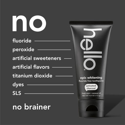 Hello Activated Charcoal Toothpaste, Fluoride Free with Activated Charcoal, Teeth Whitening Toothpaste with Fresh Mint and Coconut Oil, No SLS, Vegan, Gluten Free, 3 Pack, 4 OZ Tubes Nirvana Guru
