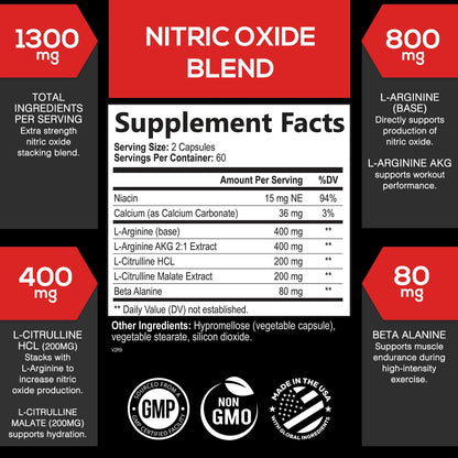 Extra Strength Nitric Oxide Supplement 3X Strength L Arginine, Citrulline Malate, AAKG, Beta Alanine - Premium Muscle Supporting Nitric Booster - Natural Energy & Heart Health Support - 180 Capsules Nirvana Guru