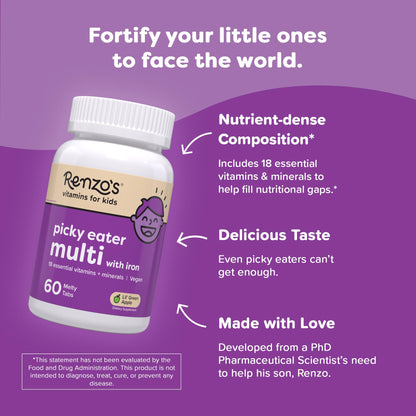 Renzo's Picky Eater Kids Multivitamin with Iron, Dissolving Kids Vitamins with Vitamin D3 and K2 and More, 60 Sugar-Free Melty Tabs, Lil’ Green Apple Flavored Nirvana Guru